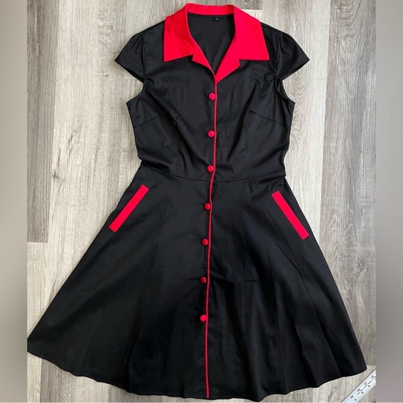 Retro Rockabilly Swing Dress Black Red Trim Pockets 50s Size Large 8-10 - Picture 2 of 10